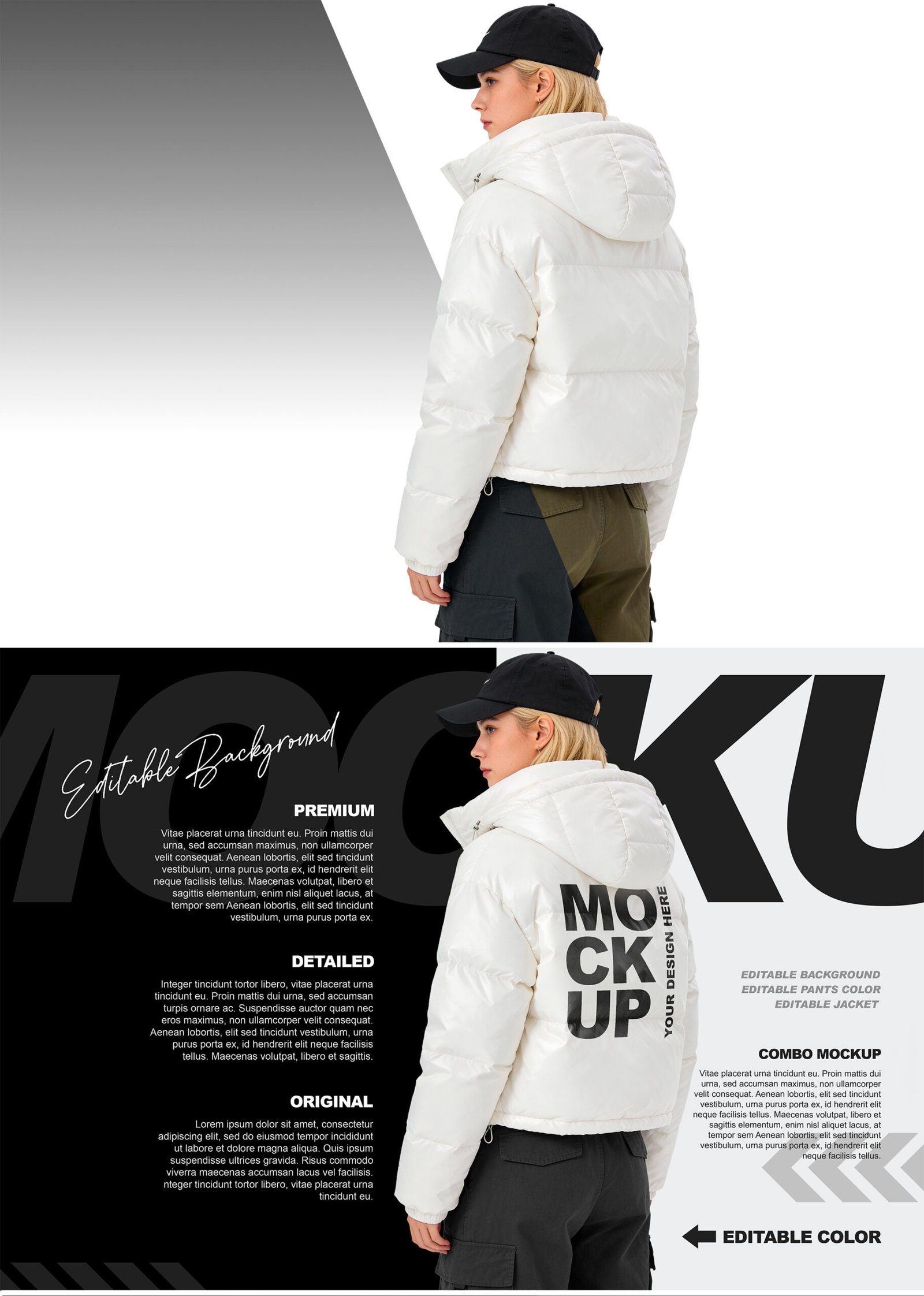 bmachina female white puffer jacket mockup rear view -preview1
