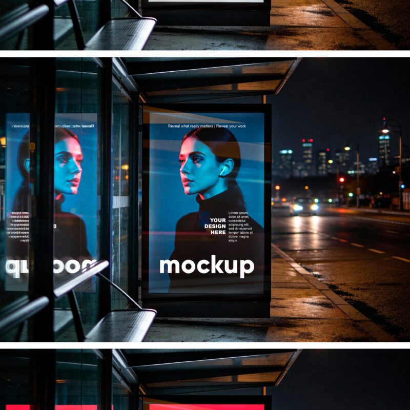 Urban Bus Stop Billboard Mockup At Night With Glass Reflection - Preview1 Precview1 of a Urban Bus Stop Billboard Mockup At Night With Glass Reflection