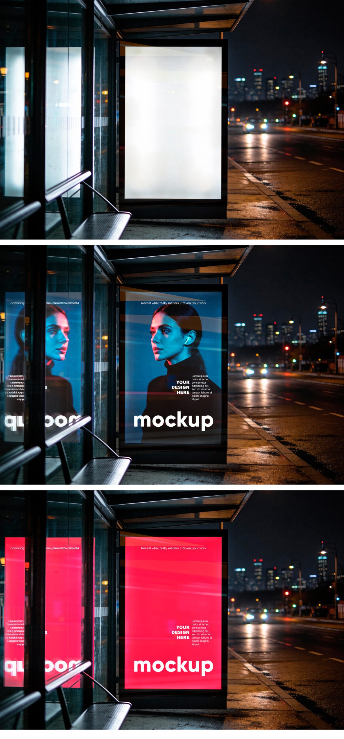 Urban Bus Stop Billboard Mockup At Night With Glass Reflection - Preview1 Precview1 of a Urban Bus Stop Billboard Mockup At Night With Glass Reflection