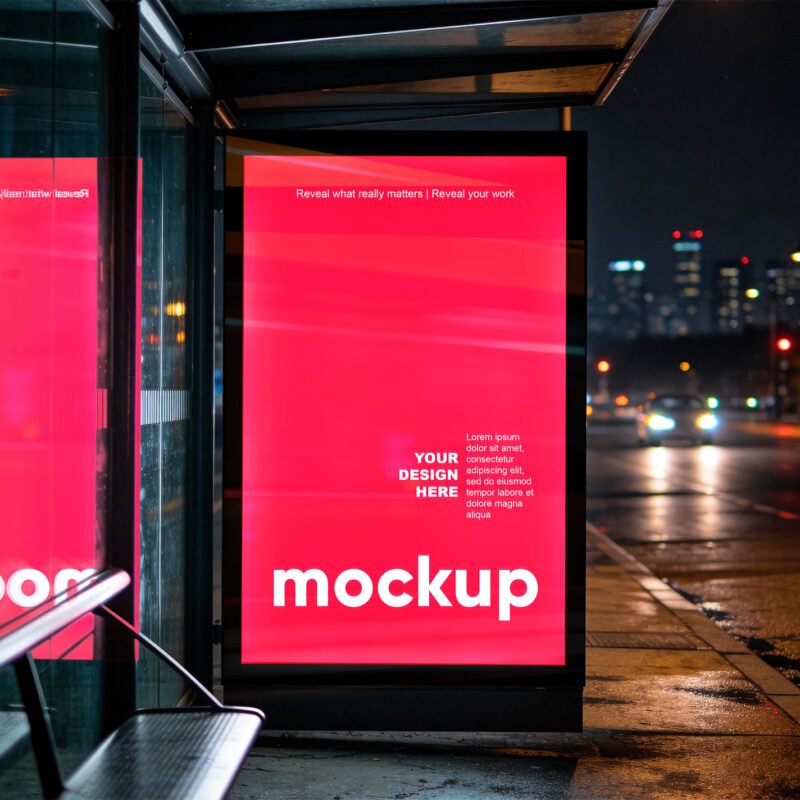 Thumbnail of a Urban Bus Stop Billboard Mockup At Night With Glass Reflection