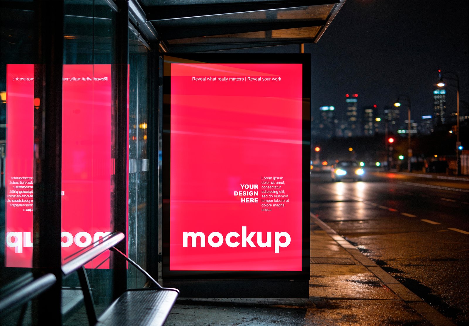 Urban Bus Stop Billboard Mockup At Night With Glass Reflection - Thumbnail Thumbnail of a Urban Bus Stop Billboard Mockup At Night With Glass Reflection