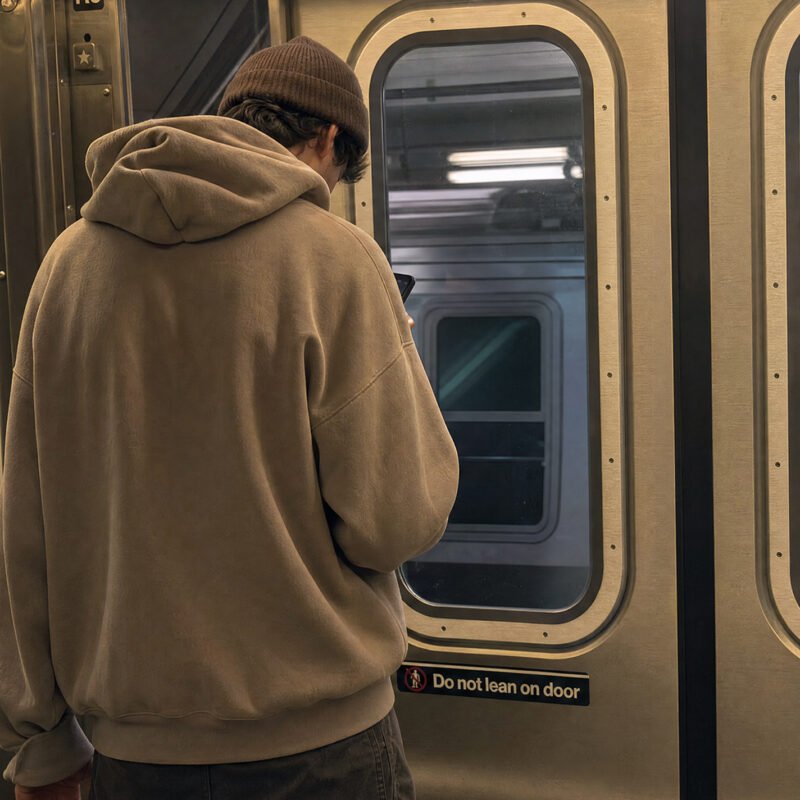 Beige Oversized Hoodie Mockup - NYC Subway