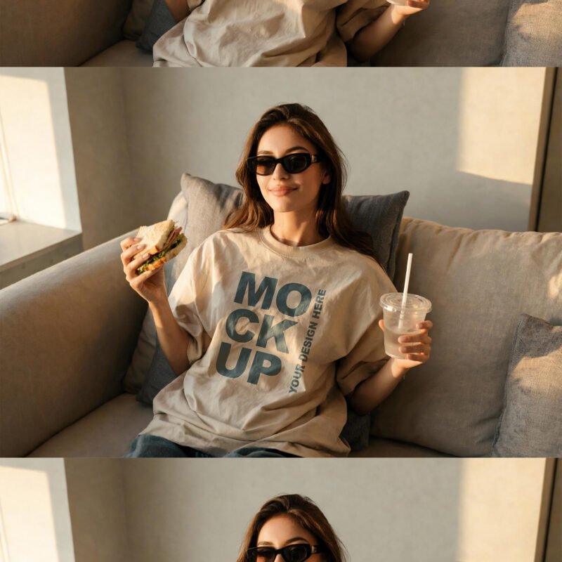Beige Lifestyle T-Shirt Mockup of Young Woman Eating Sandwich on Sofa -Preview