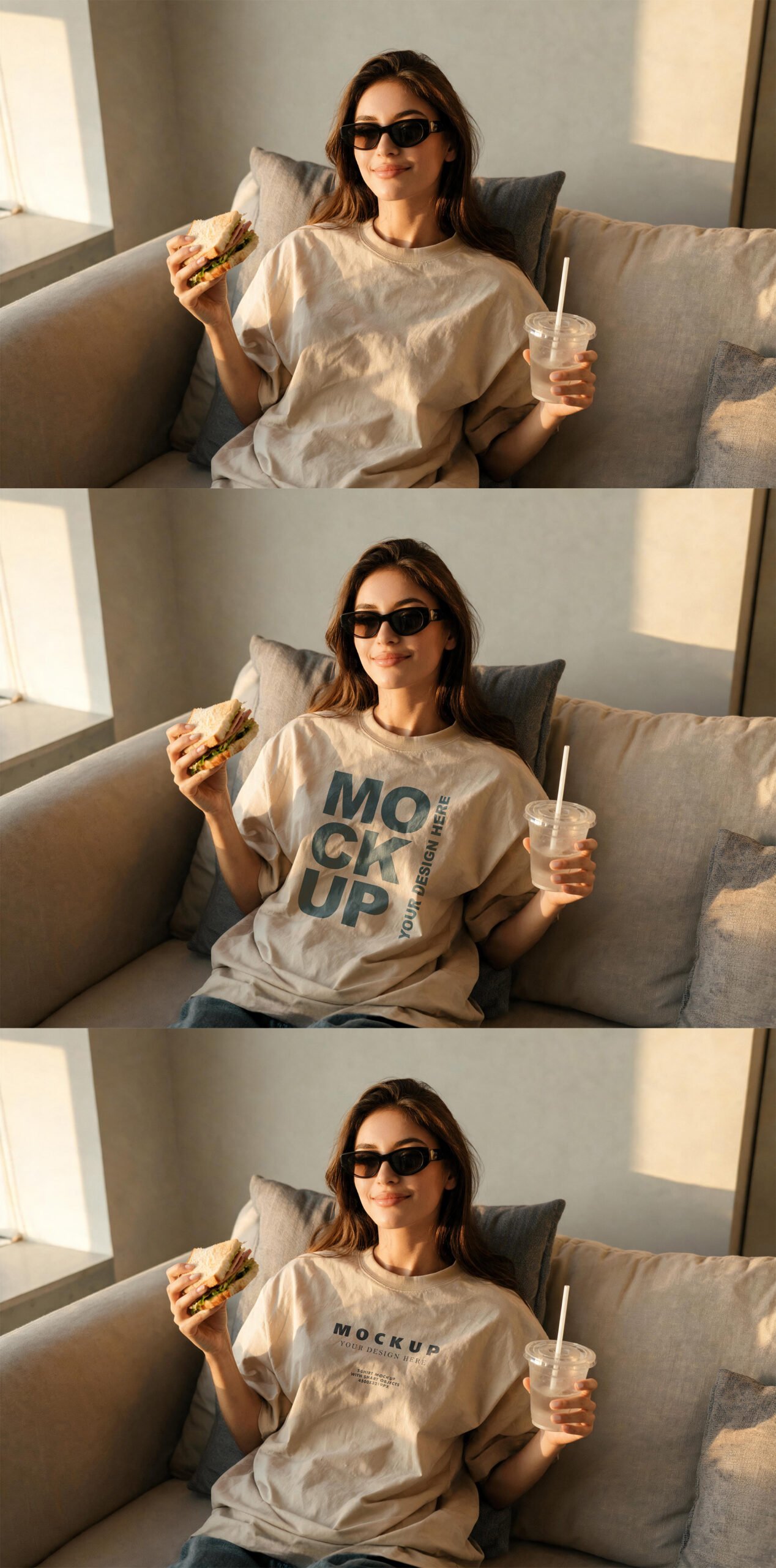 Beige Lifestyle T-Shirt Mockup of Young Woman Eating Sandwich on Sofa -Preview
