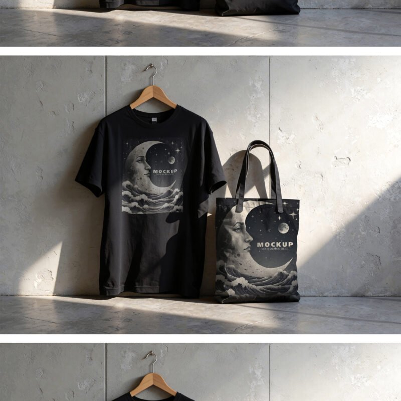 Black T-Shirt and Tote Bag Mockup Set against Concrete