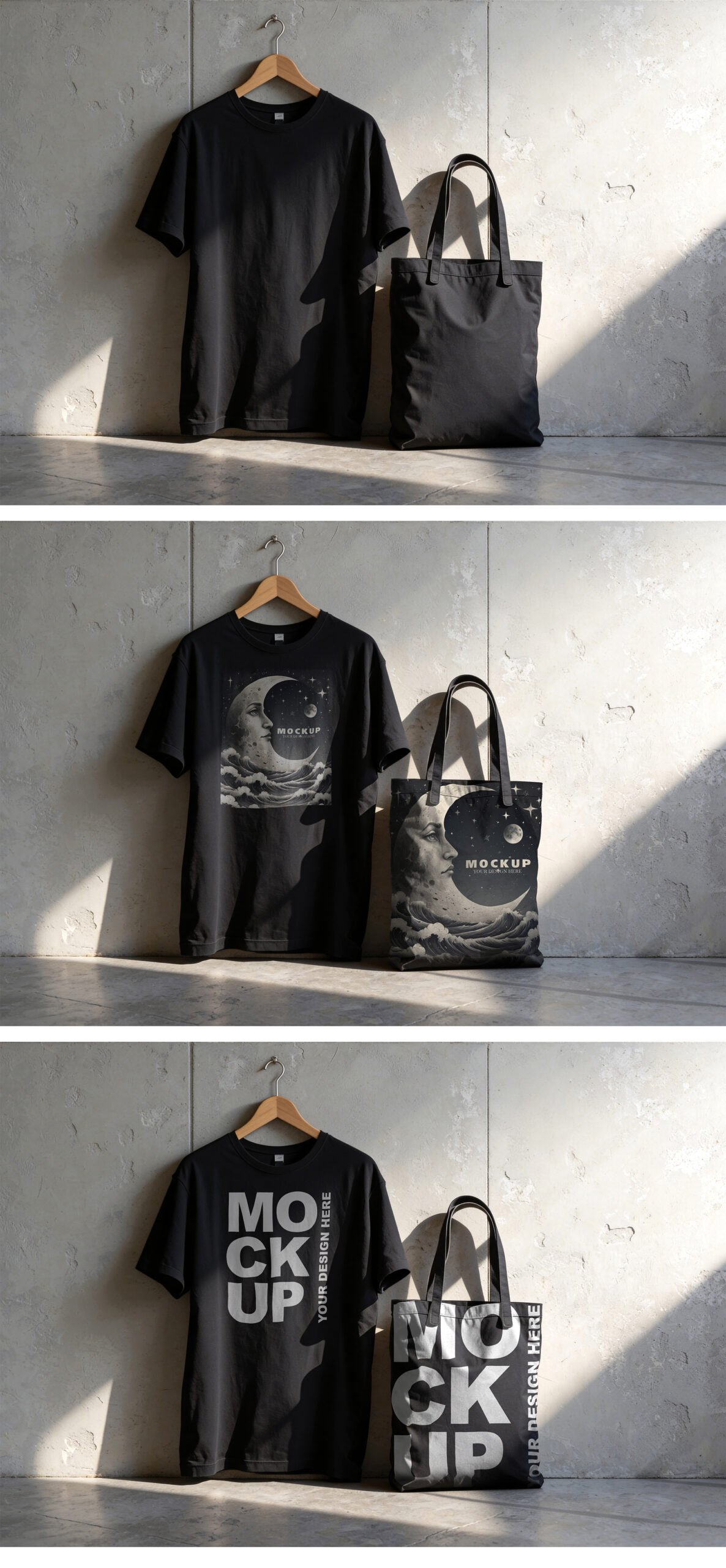 Black T-Shirt and Tote Bag Mockup Set against Concrete