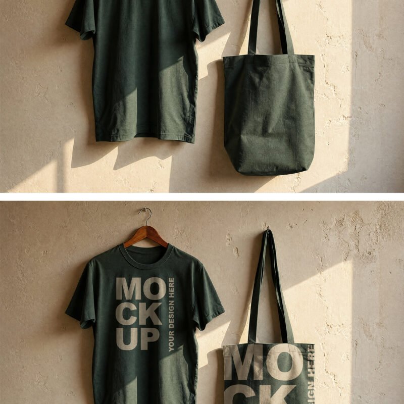 Green T-Shirt and Tote Bag Mockup on Grunge Beige Wall - Preview