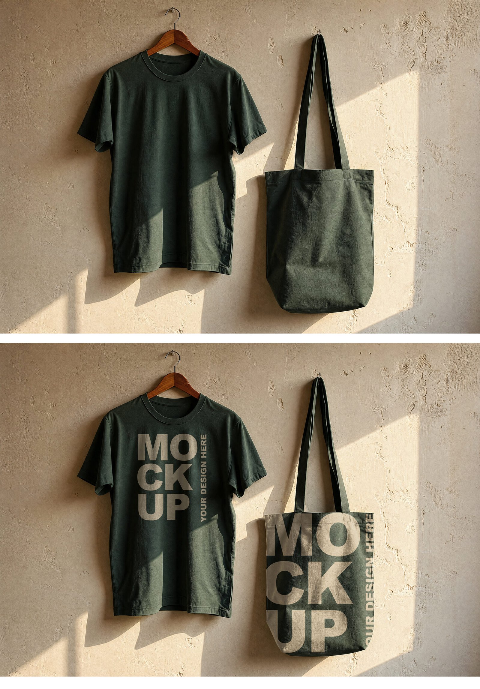 Green T-Shirt and Tote Bag Mockup on Grunge Beige Wall - Preview