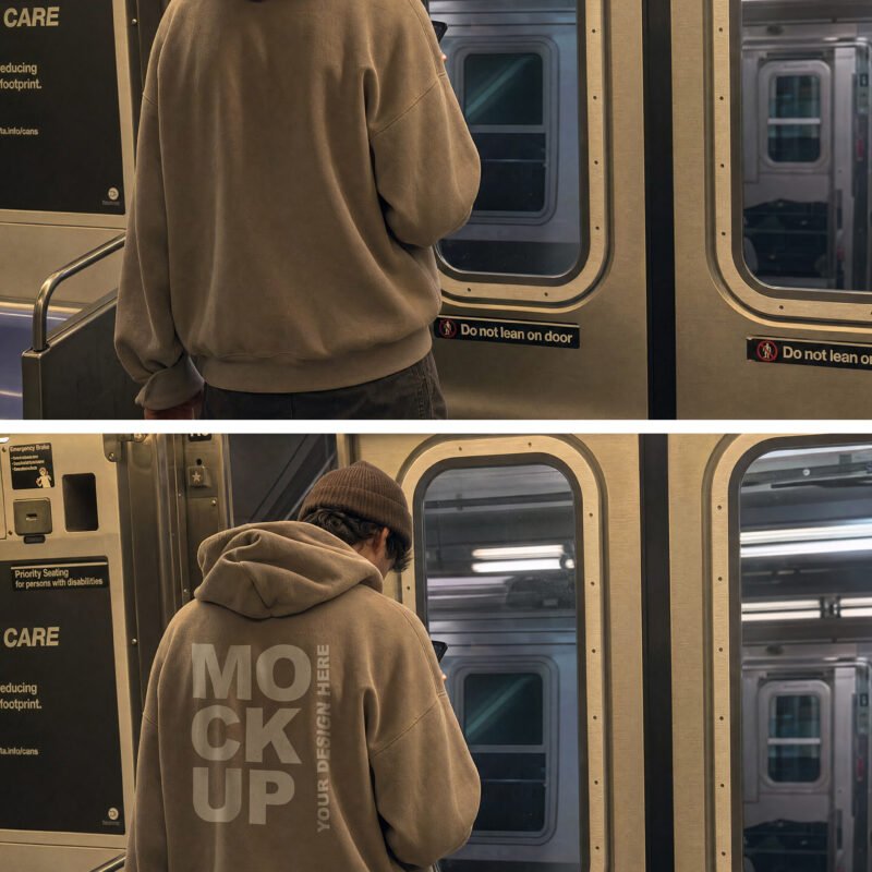 Beige Oversized Hoodie Mockup - NYC Subway - preview