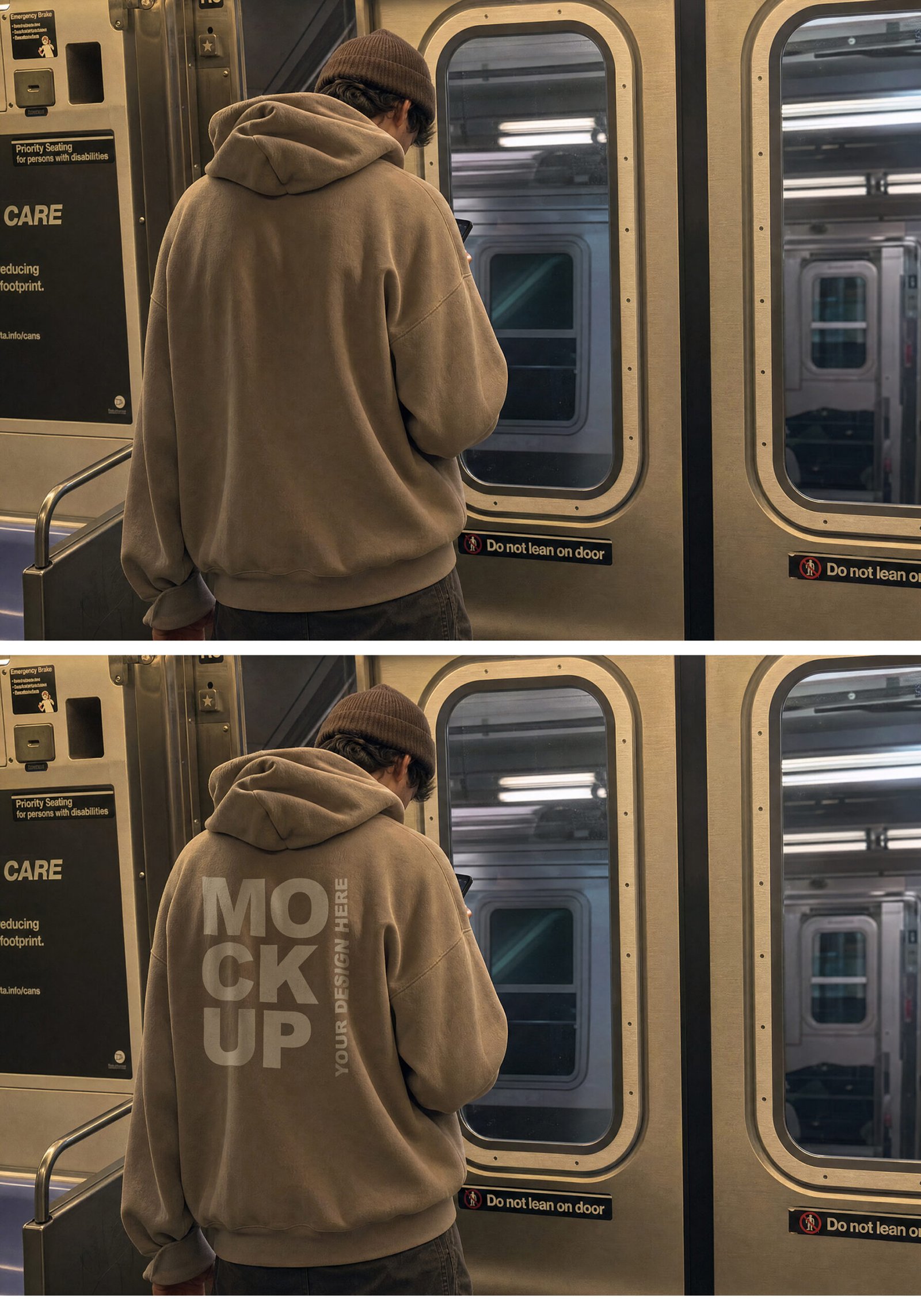 Beige Oversized Hoodie Mockup - NYC Subway - preview