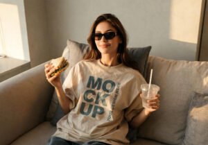 Beige Lifestyle T-Shirt Mockup of Young Woman Eating Sandwich on Sofa - Thumbnail