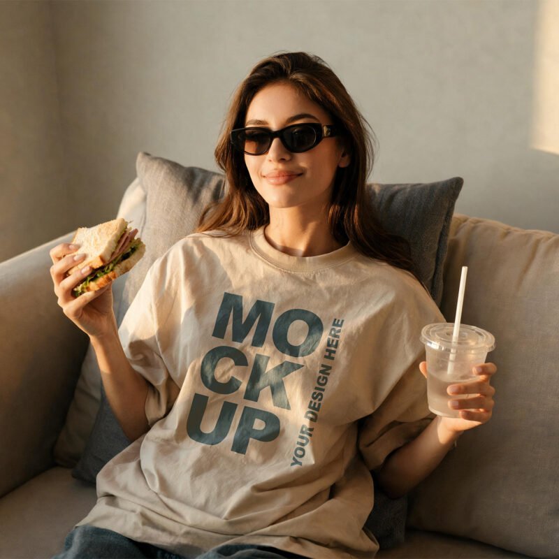 Beige Lifestyle T-Shirt Mockup of Young Woman Eating Sandwich on Sofa - Thumbnail