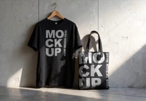 Black T-Shirt and Tote Bag Mockup Set against Concrete - Thumbnail