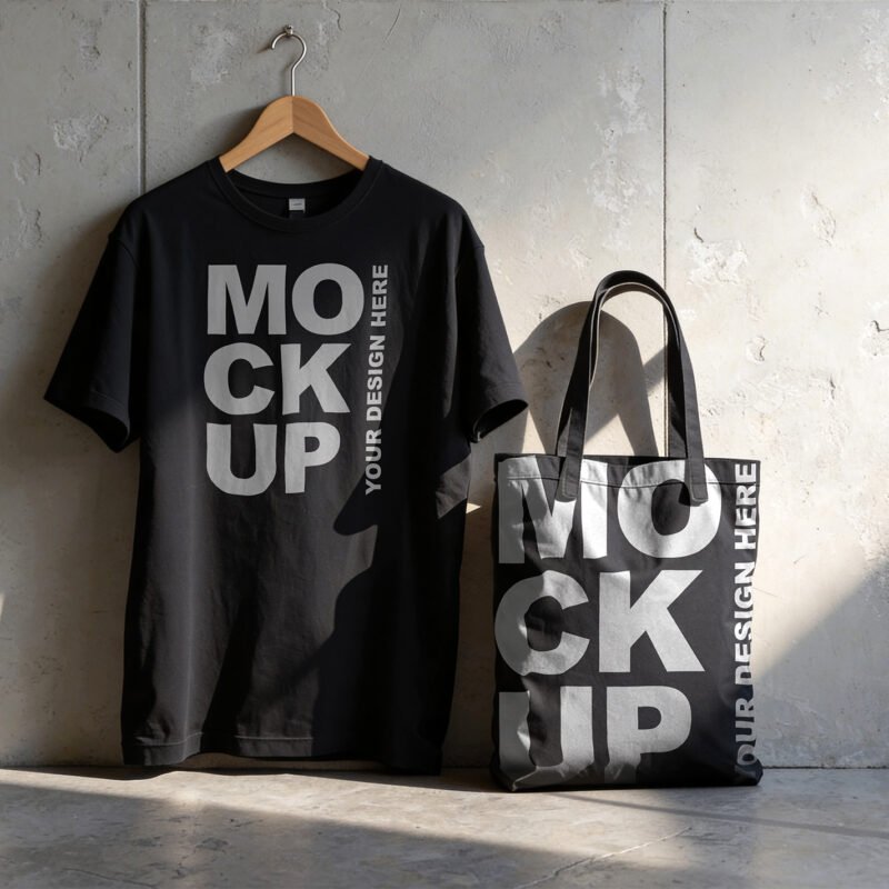 Black T-Shirt and Tote Bag Mockup Set against Concrete - Thumbnail