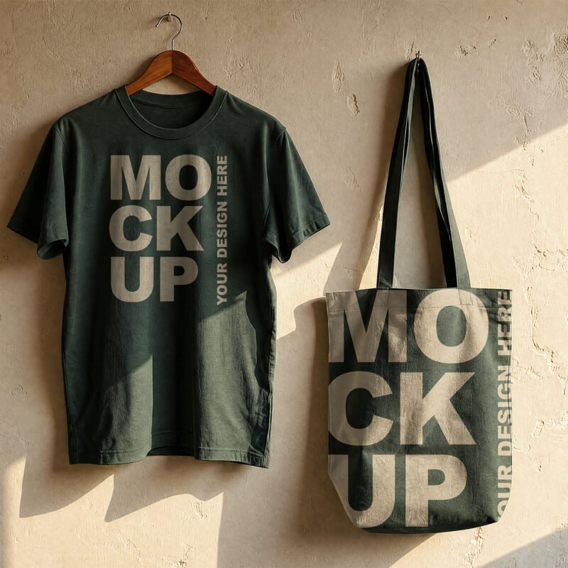 Green T-Shirt and Tote Bag Mockup on Grunge Beige Wall - Thumbnail