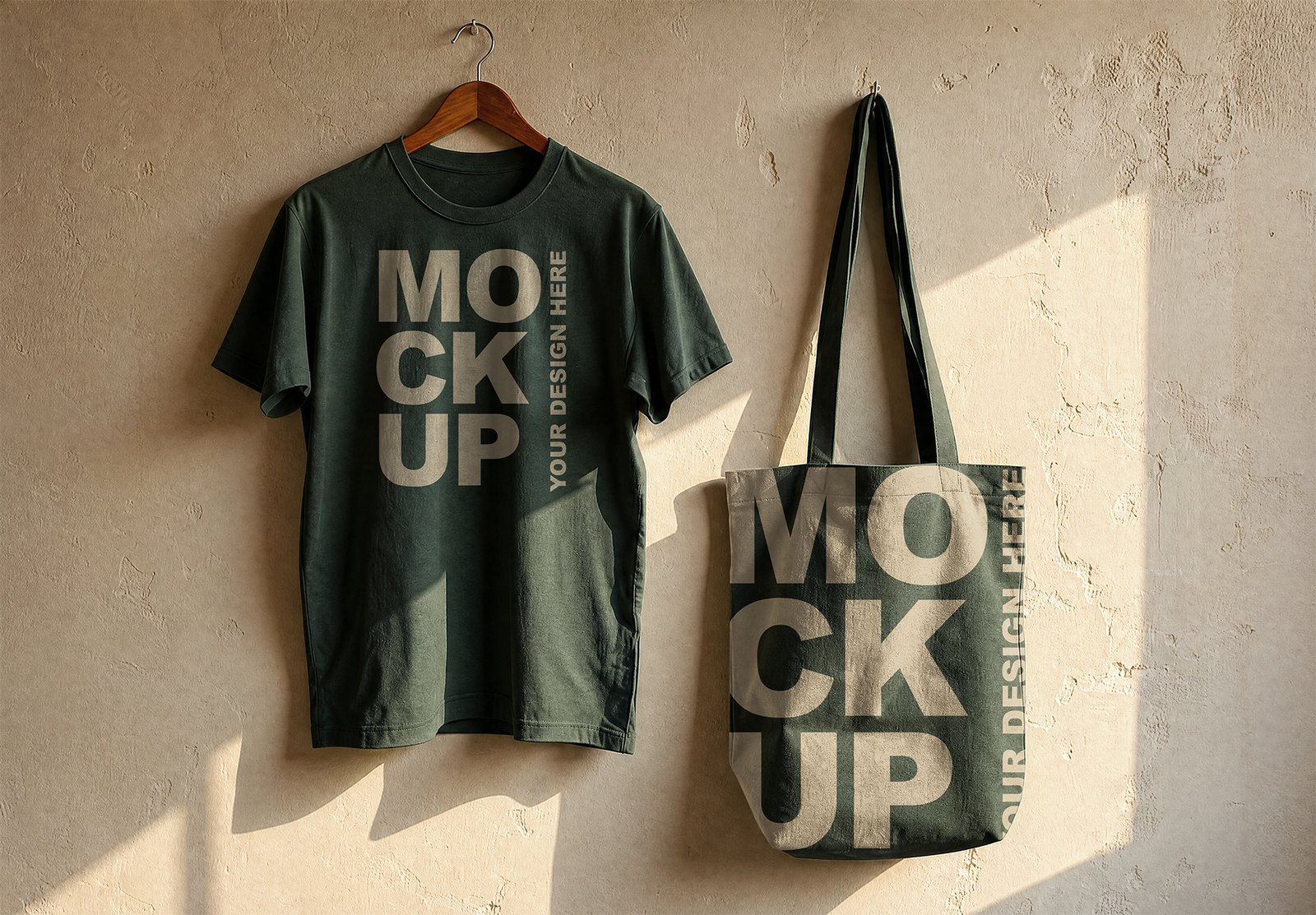 Green T-Shirt and Tote Bag Mockup on Grunge Beige Wall - Thumbnail