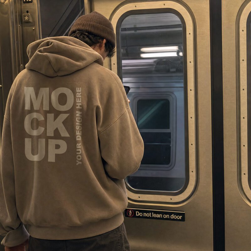 Beige Oversized Hoodie Mockup - NYC Subway thumbnail