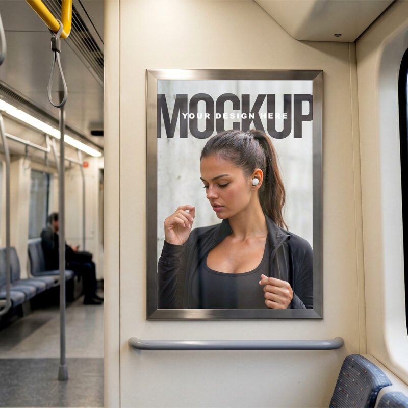 Vertical Poster Mockup Inside Subway Train Carriage - thumbnail