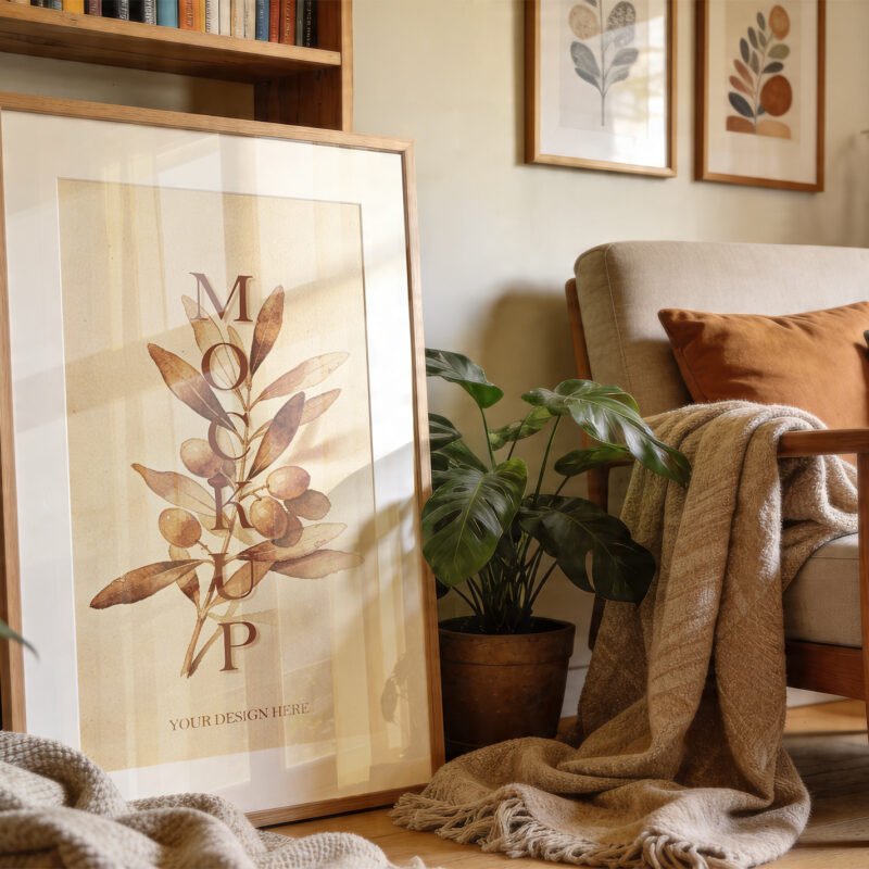Vertical Wood Frame Mockup Cozy Boho Interior Thumbnail
