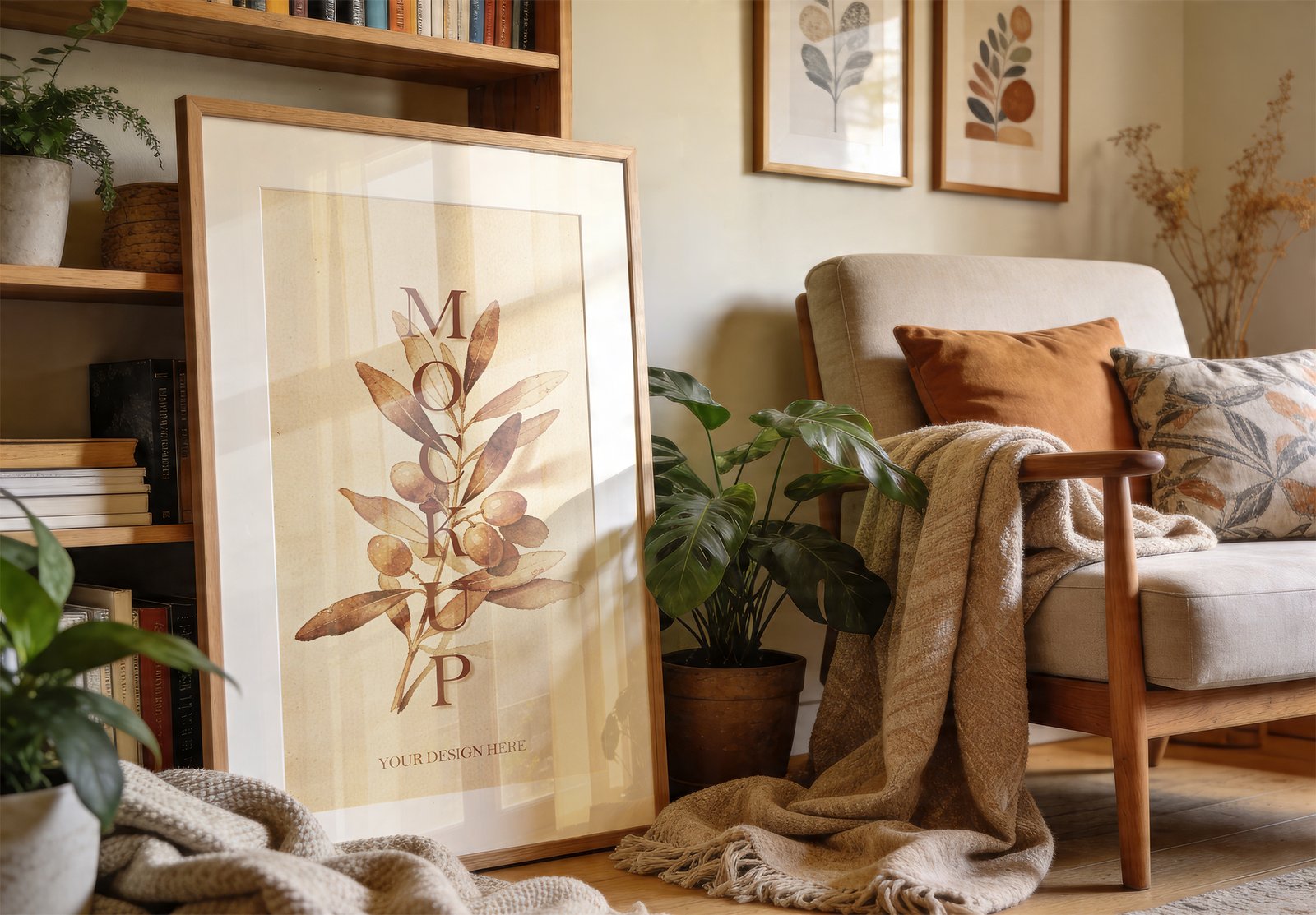 Vertical Wood Frame Mockup Cozy Boho Interior Thumbnail