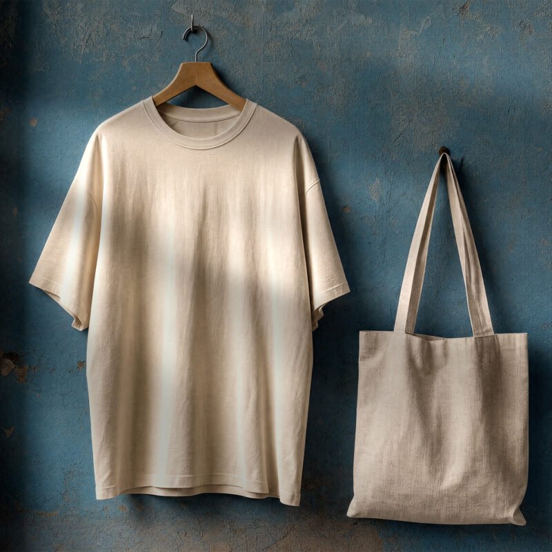 PREV-Oversized T-Shirt and Tote Bag Mockup on Grunge Blue Wall Oversized T-Shirt and Tote Bag Mockup on Grunge Blue Wall