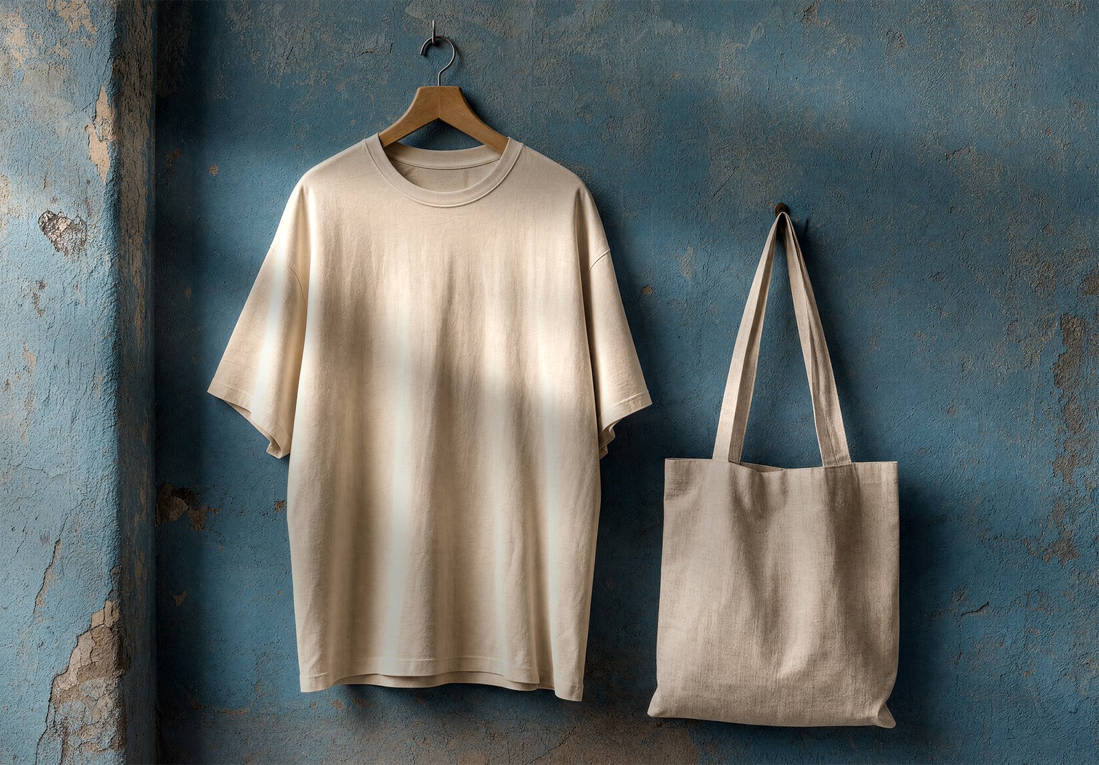 PREV-Oversized T-Shirt and Tote Bag Mockup on Grunge Blue Wall Oversized T-Shirt and Tote Bag Mockup on Grunge Blue Wall