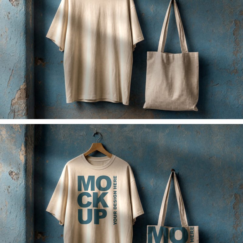 Preview1 of a Oversized T-Shirt and Tote Bag Mockup on Grunge Blue Wall Oversized T-Shirt and Tote Bag Mockup on Grunge Blue Wall - Preview