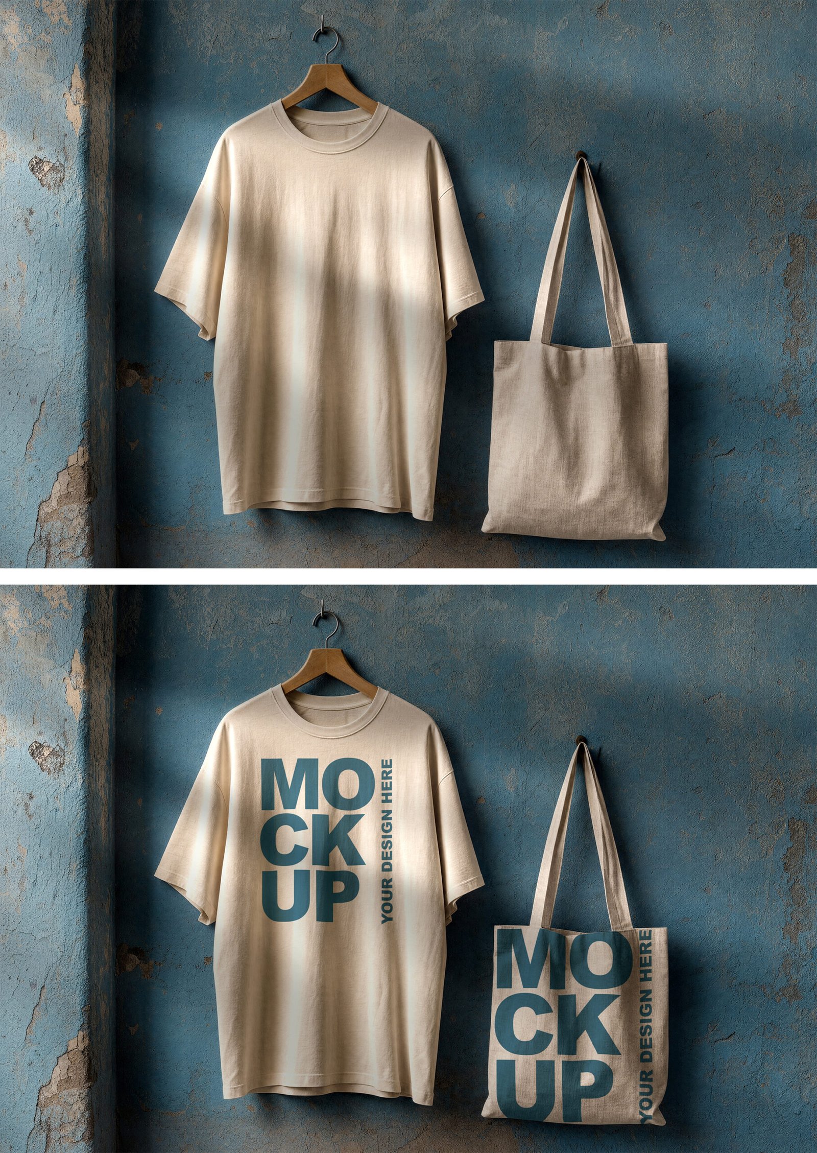Preview1 of a Oversized T-Shirt and Tote Bag Mockup on Grunge Blue Wall Oversized T-Shirt and Tote Bag Mockup on Grunge Blue Wall - Preview