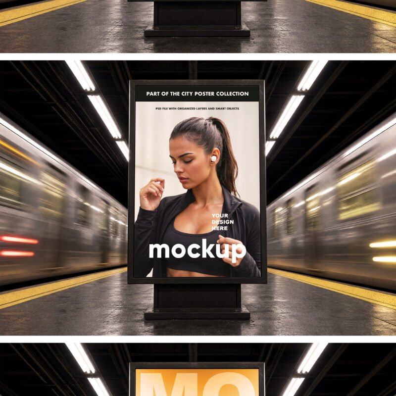 Preview1 of Vertical Billboard Mockup in Subway Station with Moving Trains Vertical Billboard Mockup in Subway Station with Moving Trains preview
