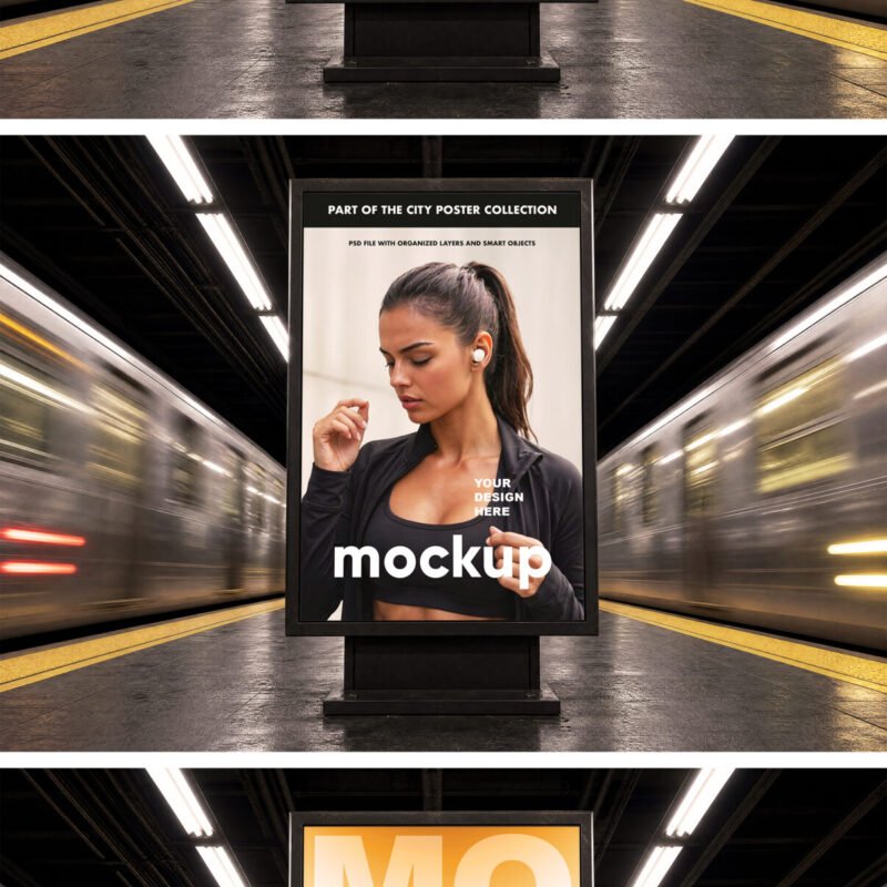 Vertical Billboard Mockup in Subway Station with Moving Trains preview