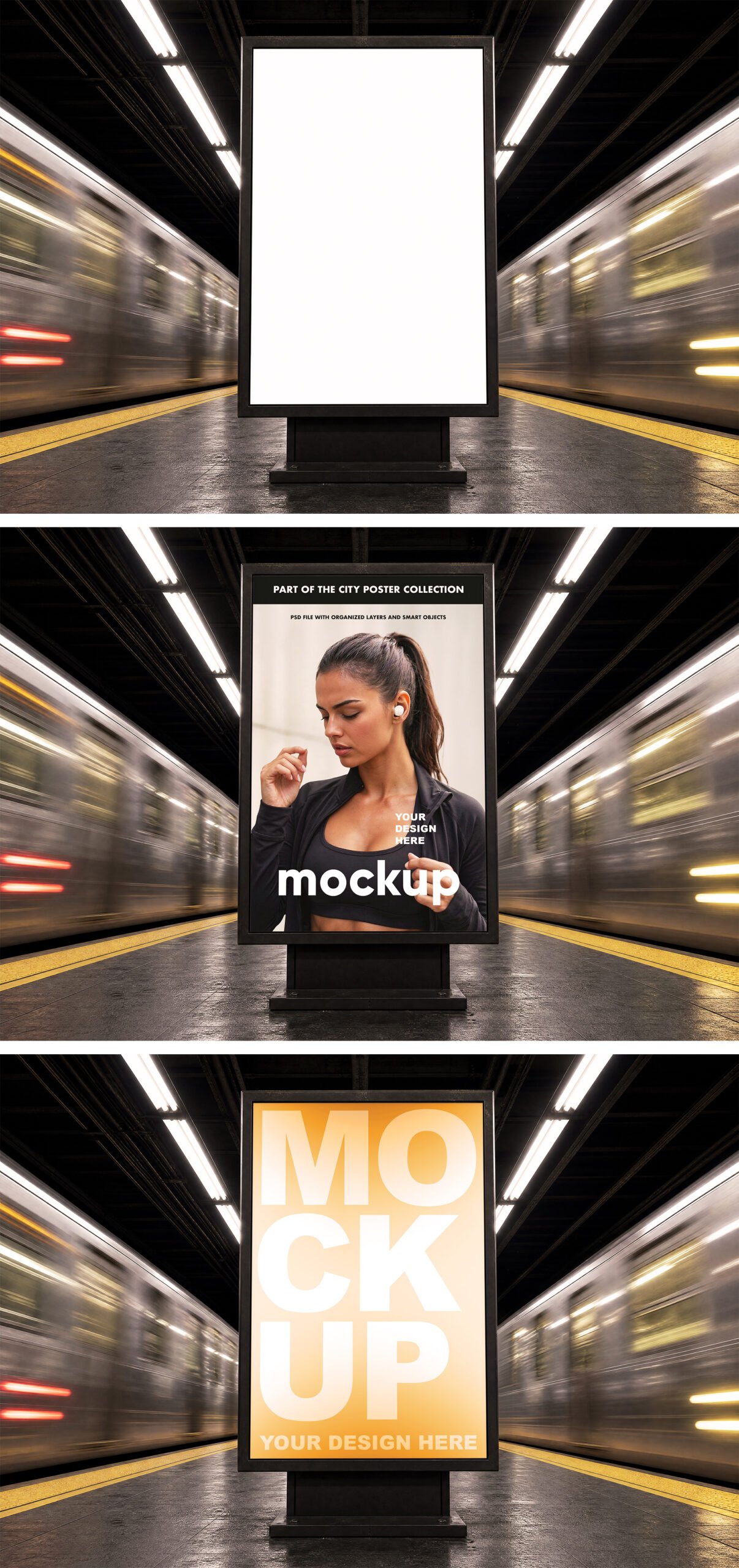 Preview1 of Vertical Billboard Mockup in Subway Station with Moving Trains Vertical Billboard Mockup in Subway Station with Moving Trains preview