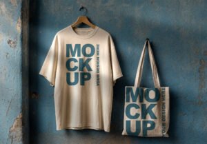 Oversized T-Shirt and Tote Bag Mockup on Grunge Blue Wall - thumbnail