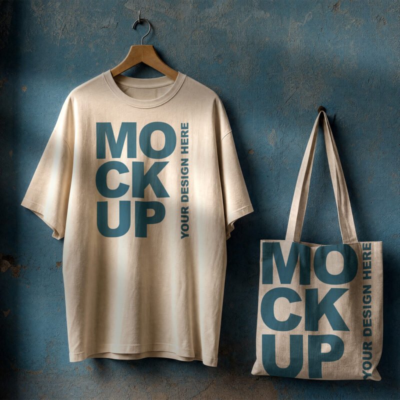 Oversized T-Shirt and Tote Bag Mockup on Grunge Blue Wall - thumbnail