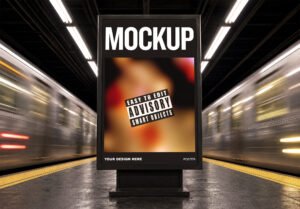 Vertical Billboard Mockup in Subway Station with Moving Trains - thumbnail