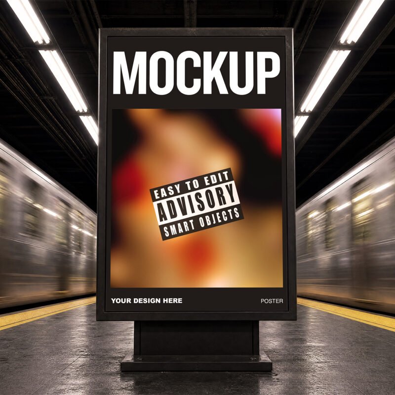 Vertical Billboard Mockup in Subway Station with Moving Trains - thumbnail