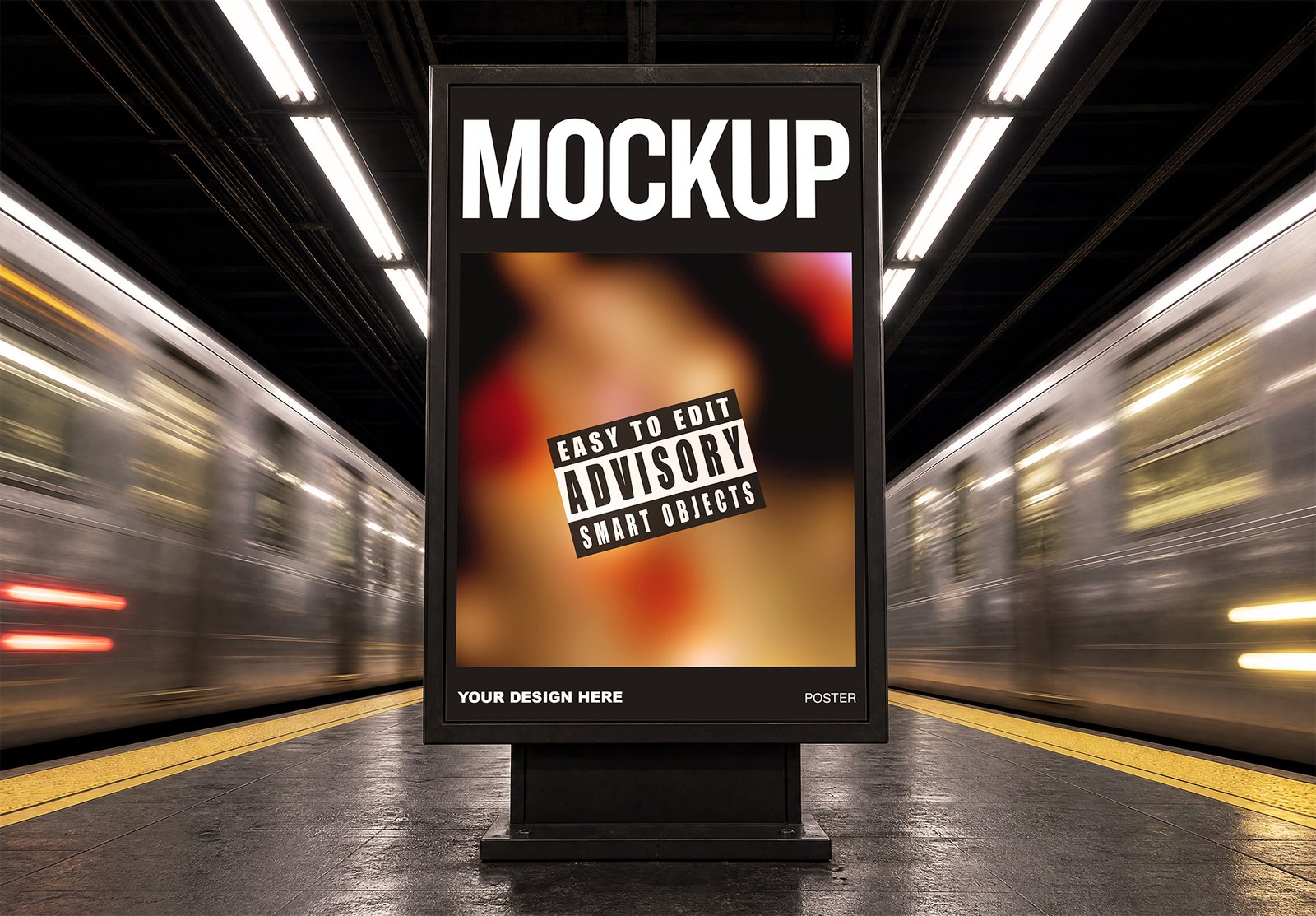 Thumbnail of Vertical Billboard Mockup in Subway Station with Moving Trains Vertical Billboard Mockup in Subway Station with Moving Trains - thumbnail