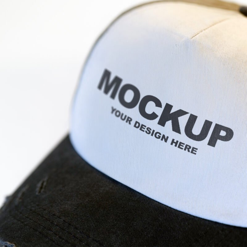Distressed Trucker Hat Mockup Close Up on White Background thumbnail