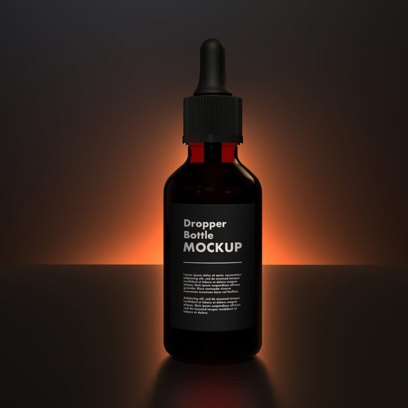 Dropper Bottle Mockup on a Dark Scene With Blooming Rising Eclipse Light Thumbnail