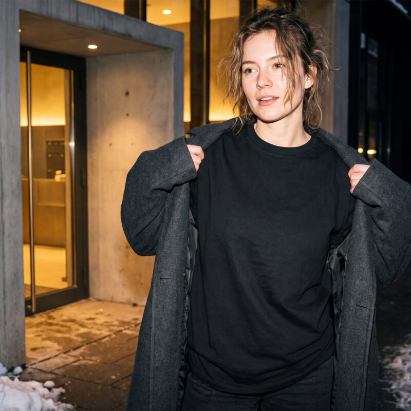 Woman Black T-Shirt Mockup Night Flash Winter Streetwear Prev