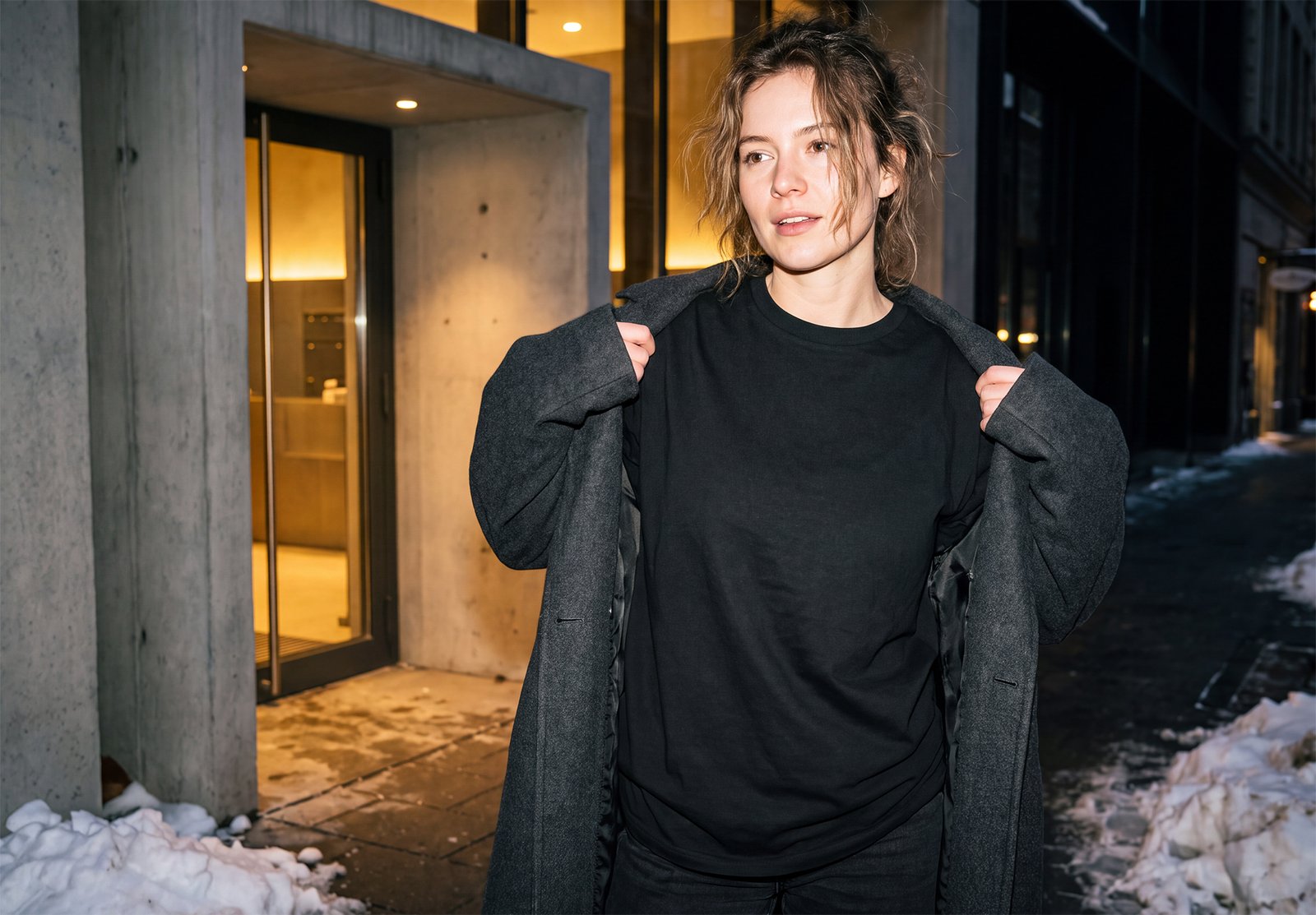 Woman Black T-Shirt Mockup Night Flash Winter Streetwear Prev