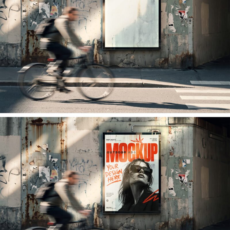 Outdoor Advertising Poster Mockup With Blurred Cyclist Preview