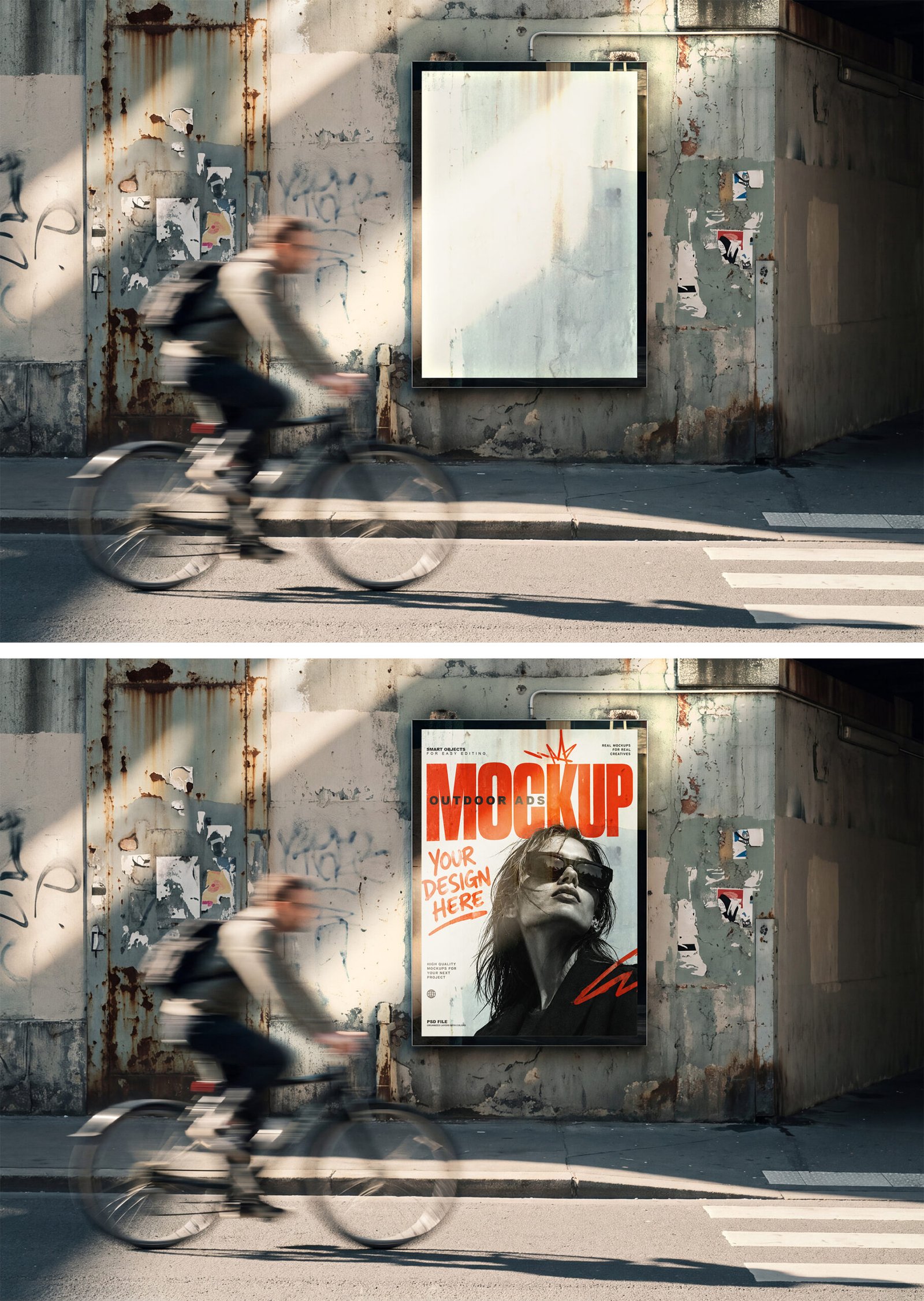 Outdoor Advertising Poster Mockup With Blurred Cyclist Preview