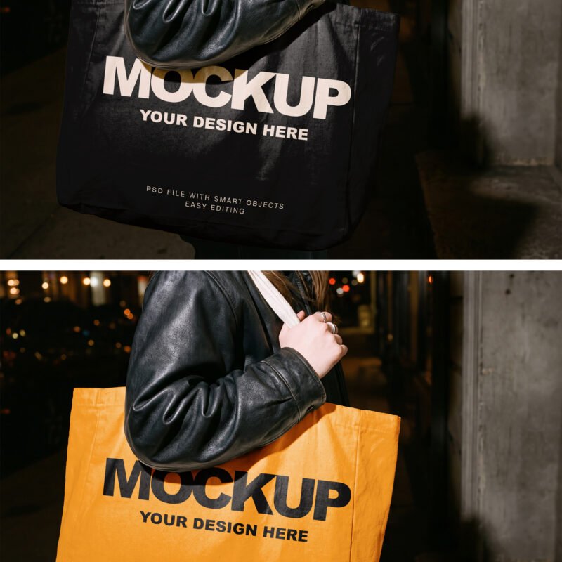 Woman Canvas Tote Bag Mockup Night Street Style Preview1