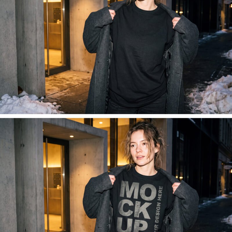 Woman Black T-Shirt Mockup Night Flash Winter Streetwear preview