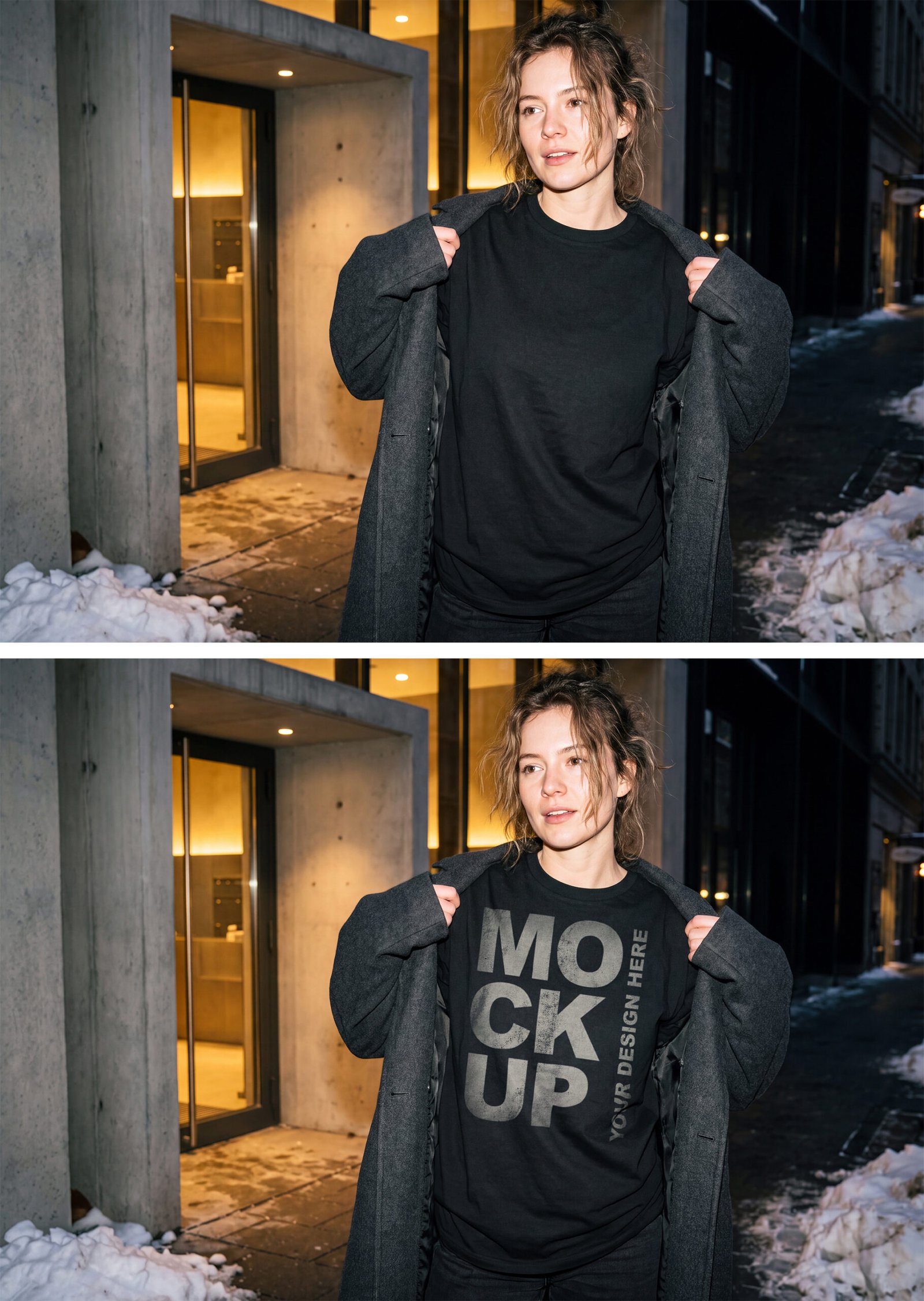 Woman Black T-Shirt Mockup Night Flash Winter Streetwear preview