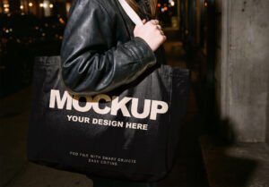 Woman Canvas Tote Bag Mockup Night Street Style Thumbnail
