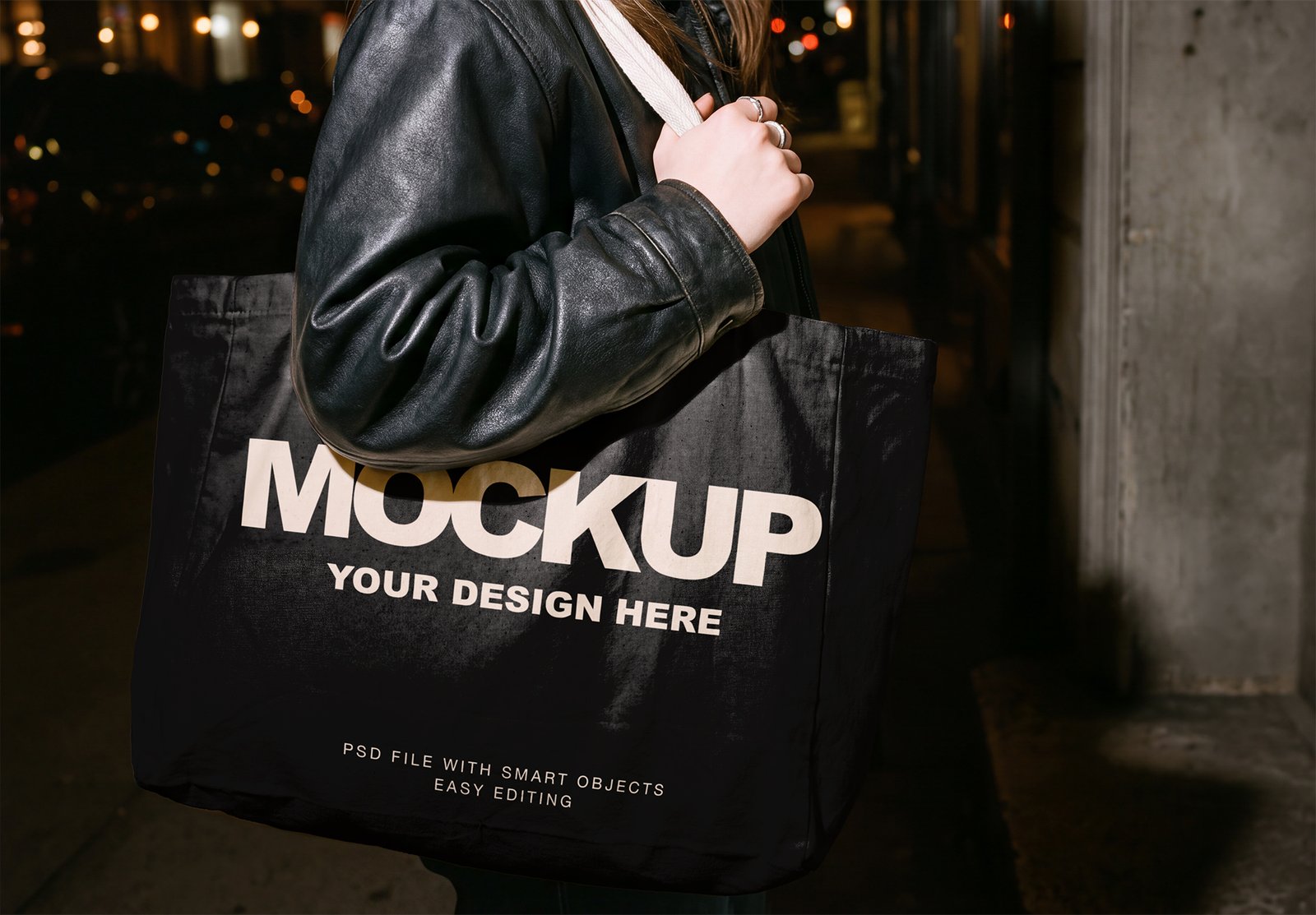 Woman Canvas Tote Bag Mockup Night Street Style Thumbnail