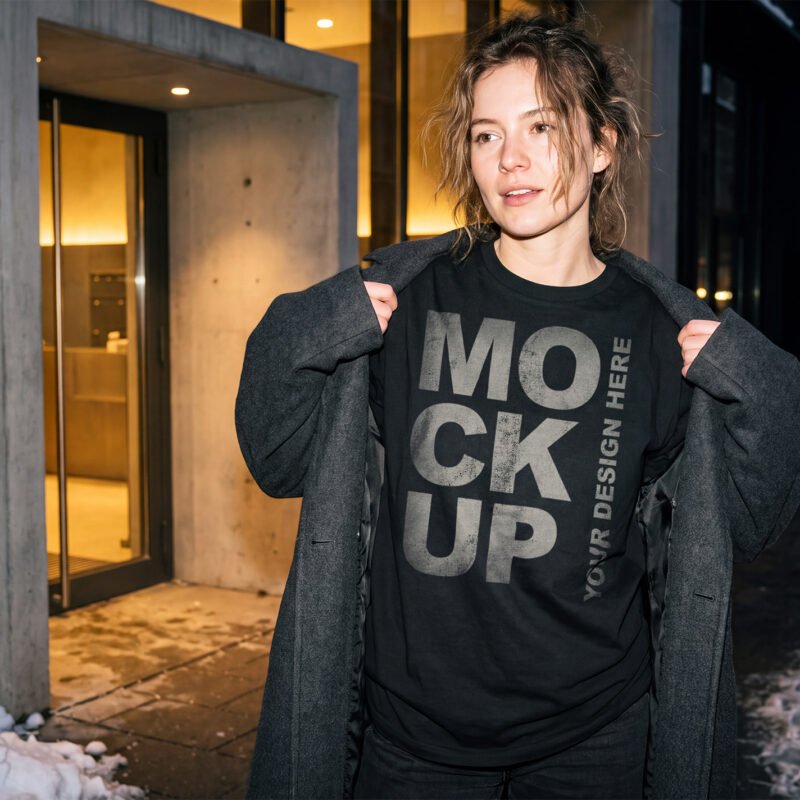 Woman Black T-Shirt Mockup Night Flash Winter Streetwear Thumbnail