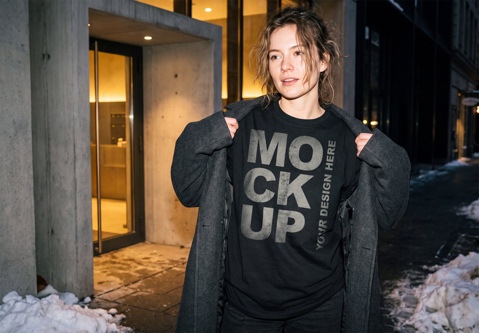 Woman Black T-Shirt Mockup Night Flash Winter Streetwear Thumbnail