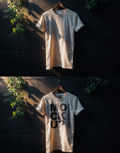 T-shirt Mockup on a Black Wall with Natural Plants